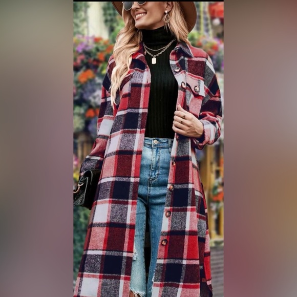 Red and Black Plaid Long Coat - Picture 6 of 8
